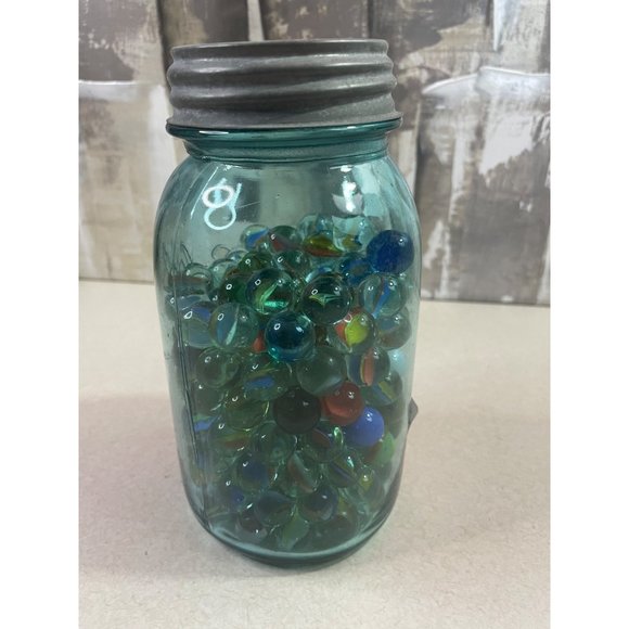 Vintage Ball Mason Jar Blue Full of Old Glass Marbles - Picture 3 of 7